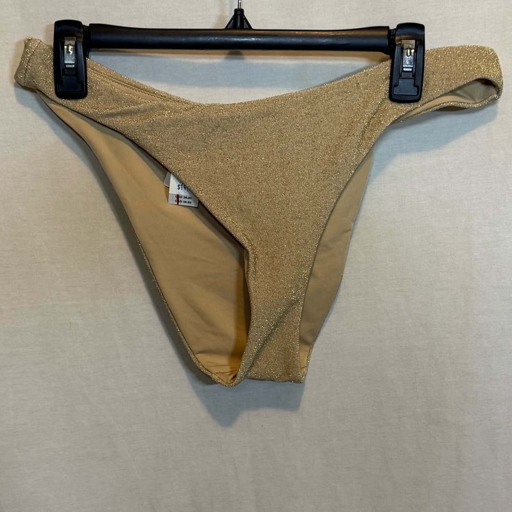 AA-309 Aerie NWT Cheeky Gold Metallic Lined Summer‎ Swim Bikini Bottom Size XL